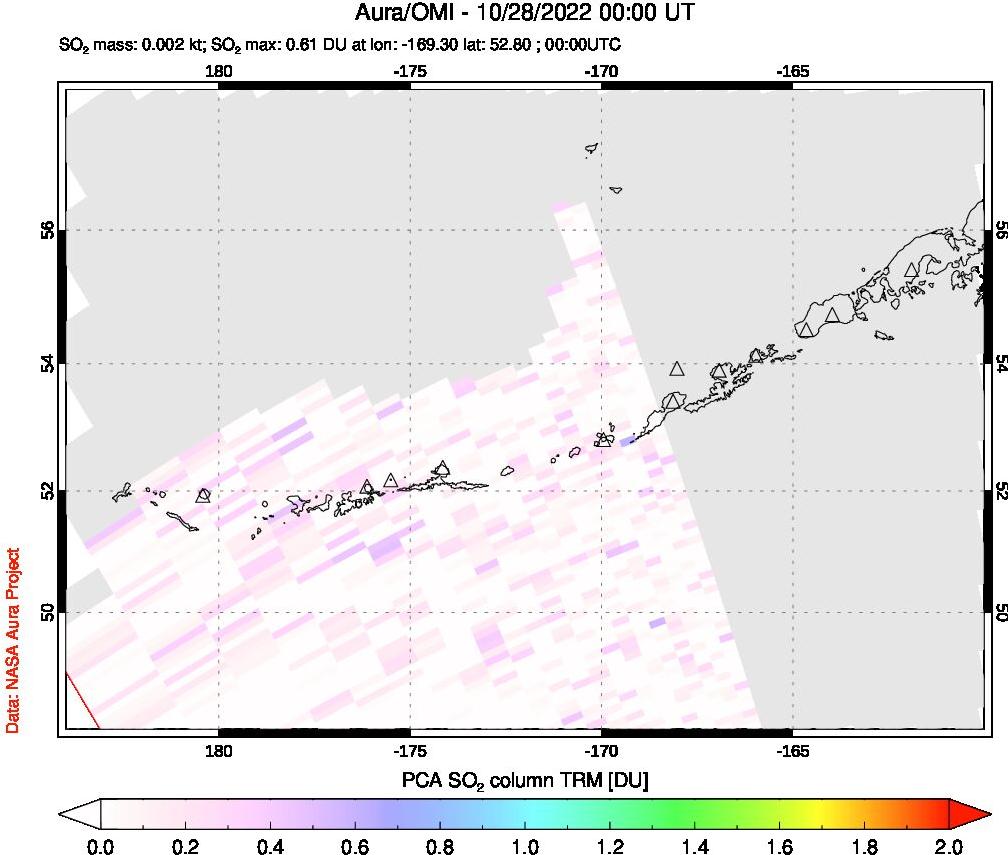 A sulfur dioxide image over Aleutian Islands, Alaska, USA on Oct 28, 2022.