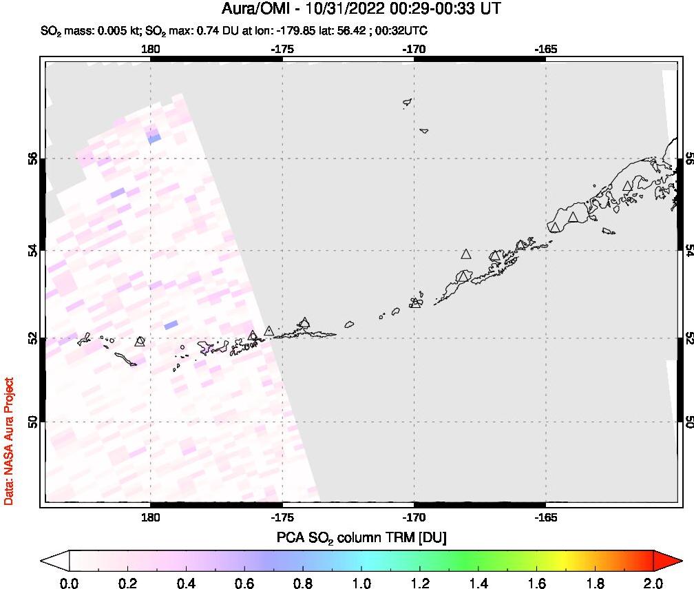 A sulfur dioxide image over Aleutian Islands, Alaska, USA on Oct 31, 2022.