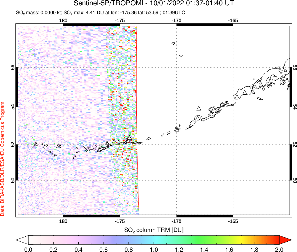 A sulfur dioxide image over Aleutian Islands, Alaska, USA on Oct 01, 2022.