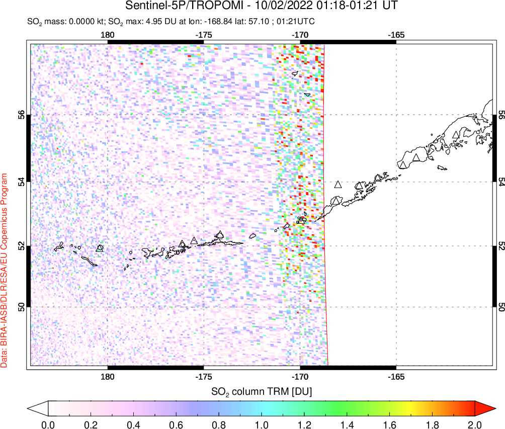 A sulfur dioxide image over Aleutian Islands, Alaska, USA on Oct 02, 2022.