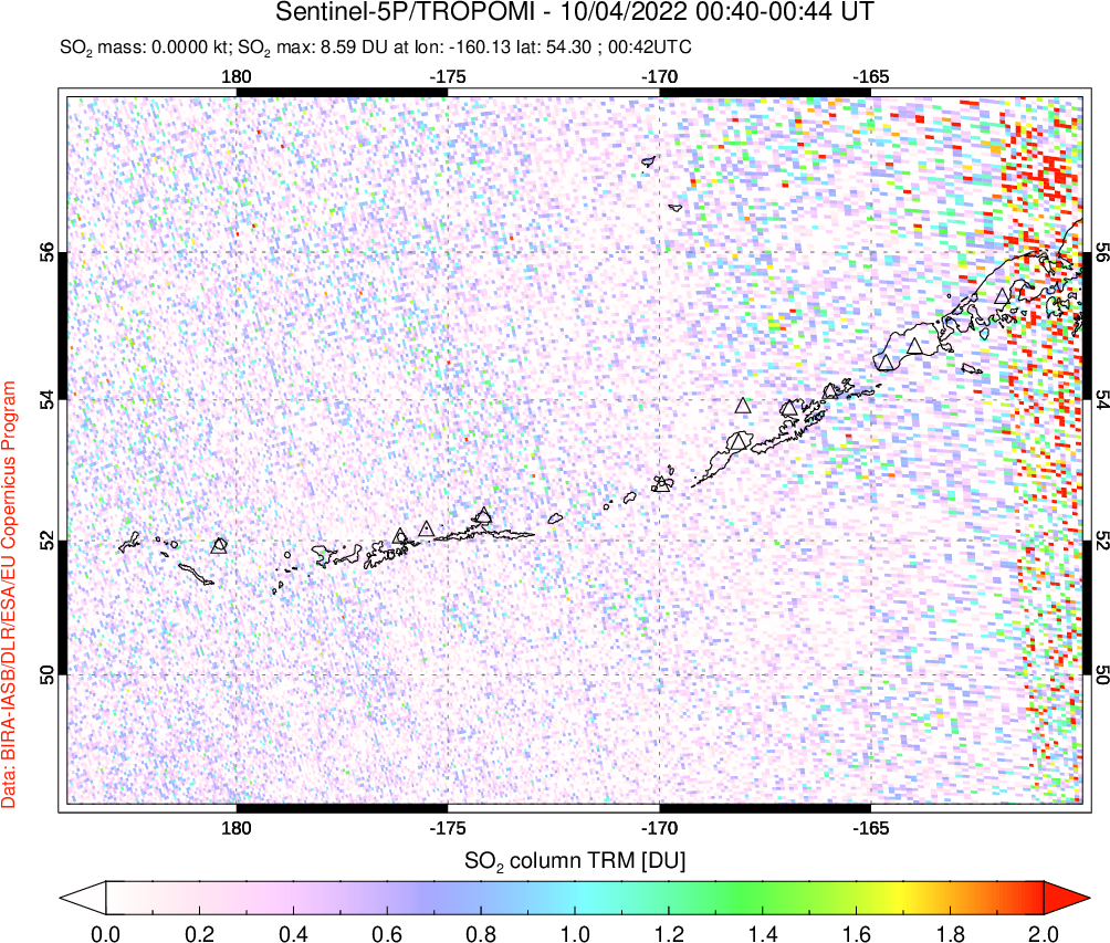 A sulfur dioxide image over Aleutian Islands, Alaska, USA on Oct 04, 2022.
