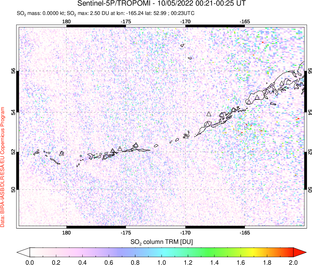 A sulfur dioxide image over Aleutian Islands, Alaska, USA on Oct 05, 2022.