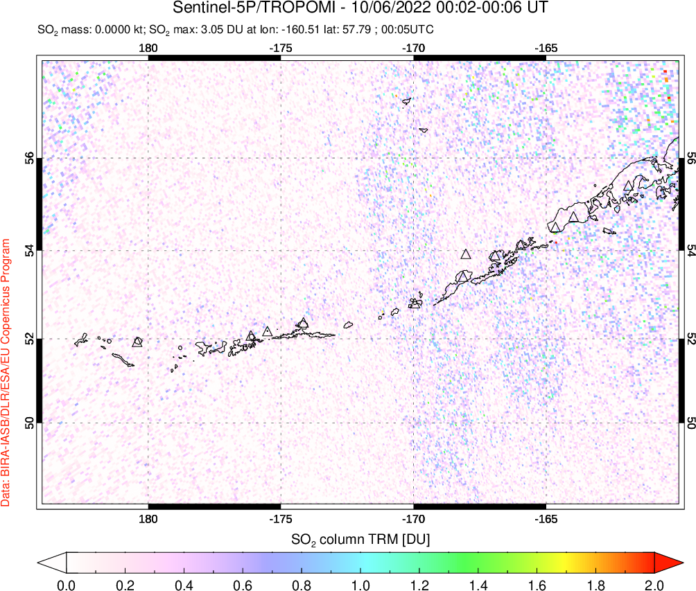 A sulfur dioxide image over Aleutian Islands, Alaska, USA on Oct 06, 2022.