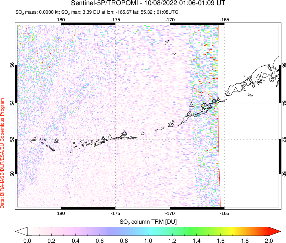 A sulfur dioxide image over Aleutian Islands, Alaska, USA on Oct 08, 2022.