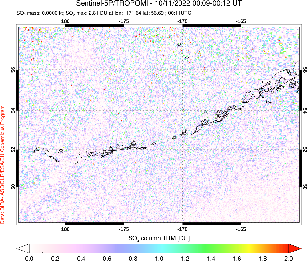A sulfur dioxide image over Aleutian Islands, Alaska, USA on Oct 11, 2022.
