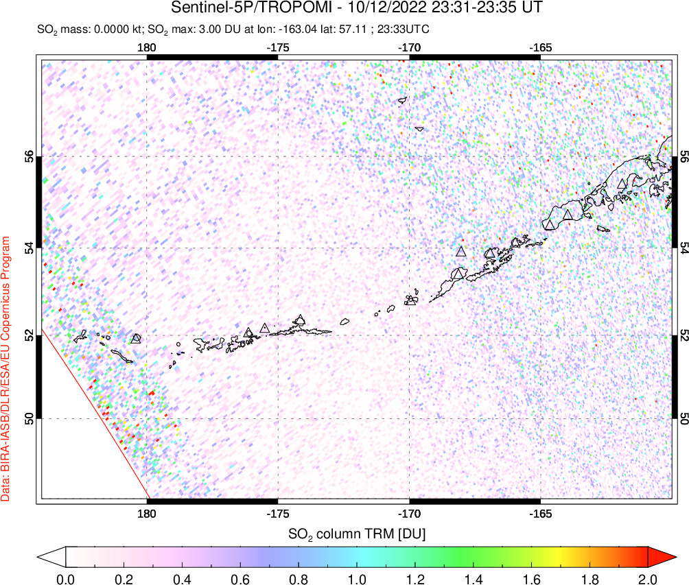 A sulfur dioxide image over Aleutian Islands, Alaska, USA on Oct 12, 2022.