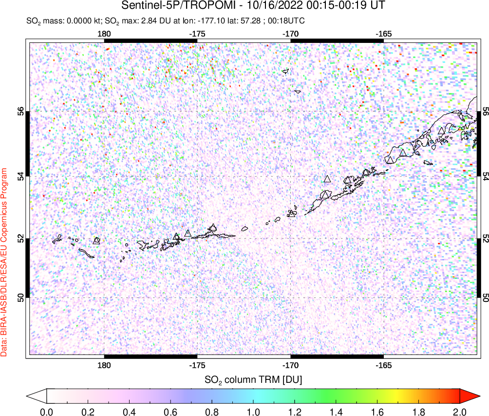 A sulfur dioxide image over Aleutian Islands, Alaska, USA on Oct 16, 2022.