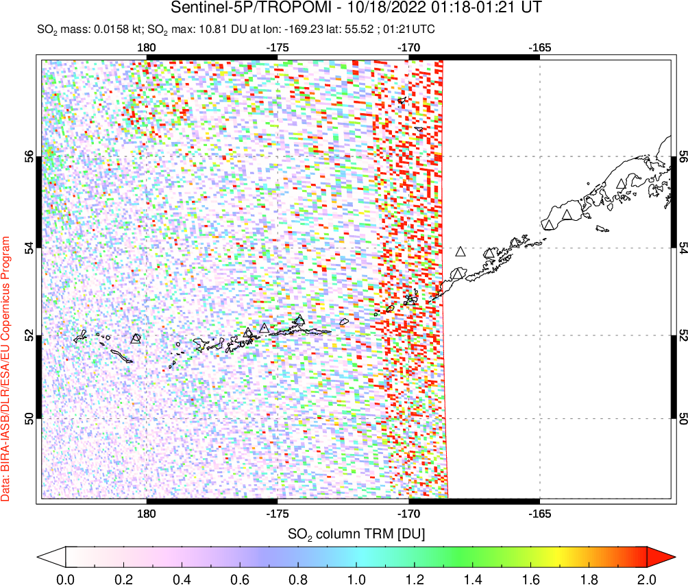 A sulfur dioxide image over Aleutian Islands, Alaska, USA on Oct 18, 2022.