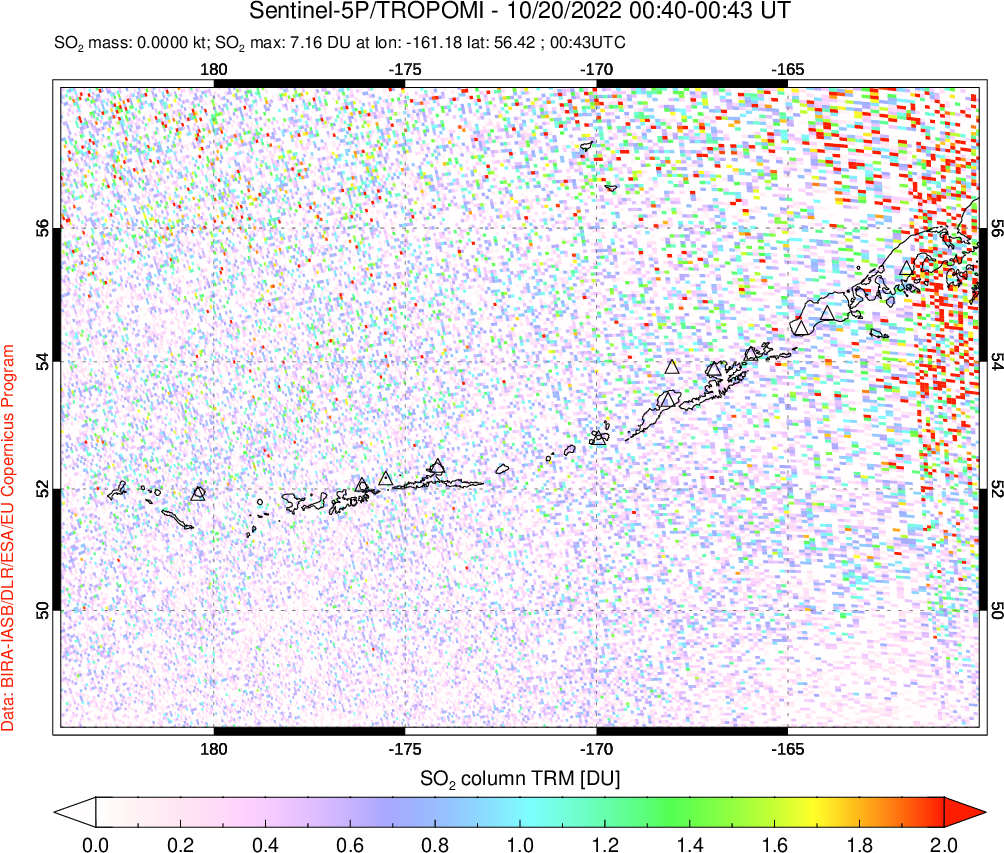 A sulfur dioxide image over Aleutian Islands, Alaska, USA on Oct 20, 2022.