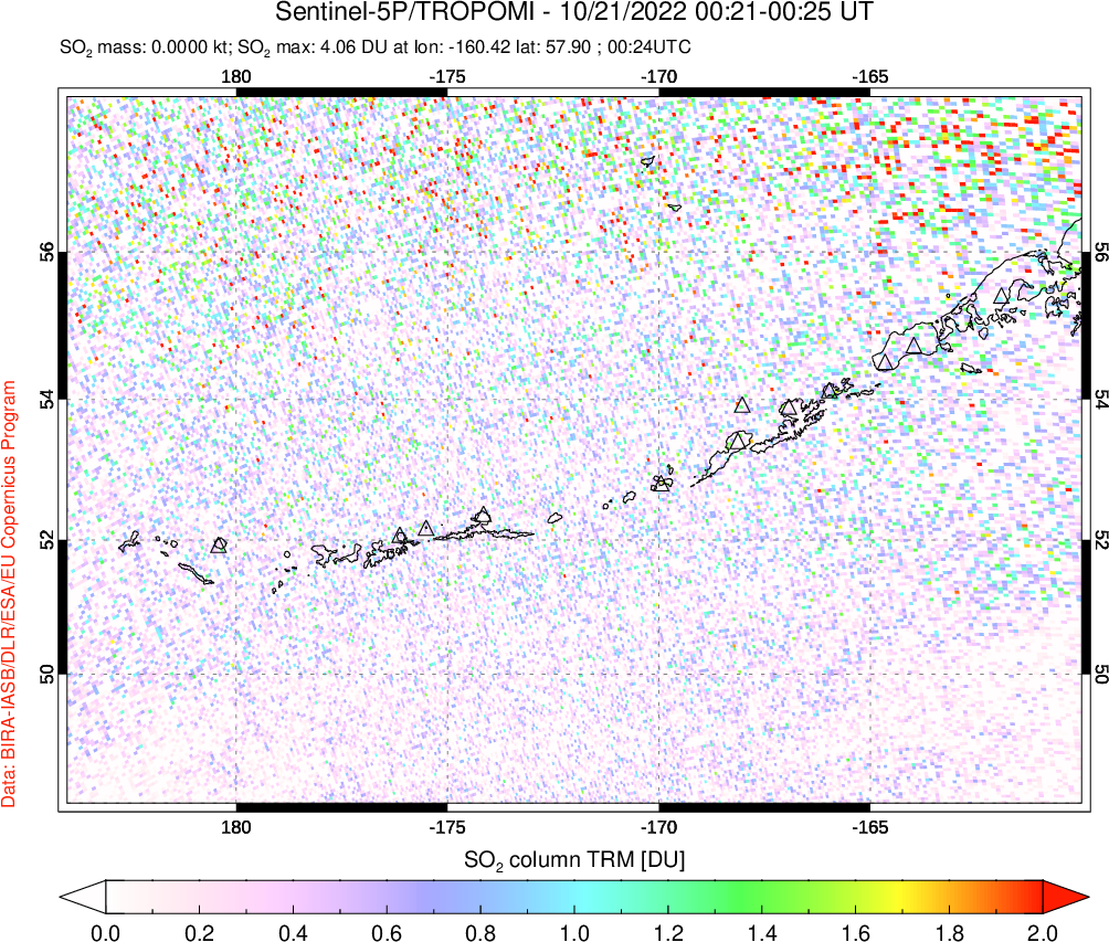 A sulfur dioxide image over Aleutian Islands, Alaska, USA on Oct 21, 2022.
