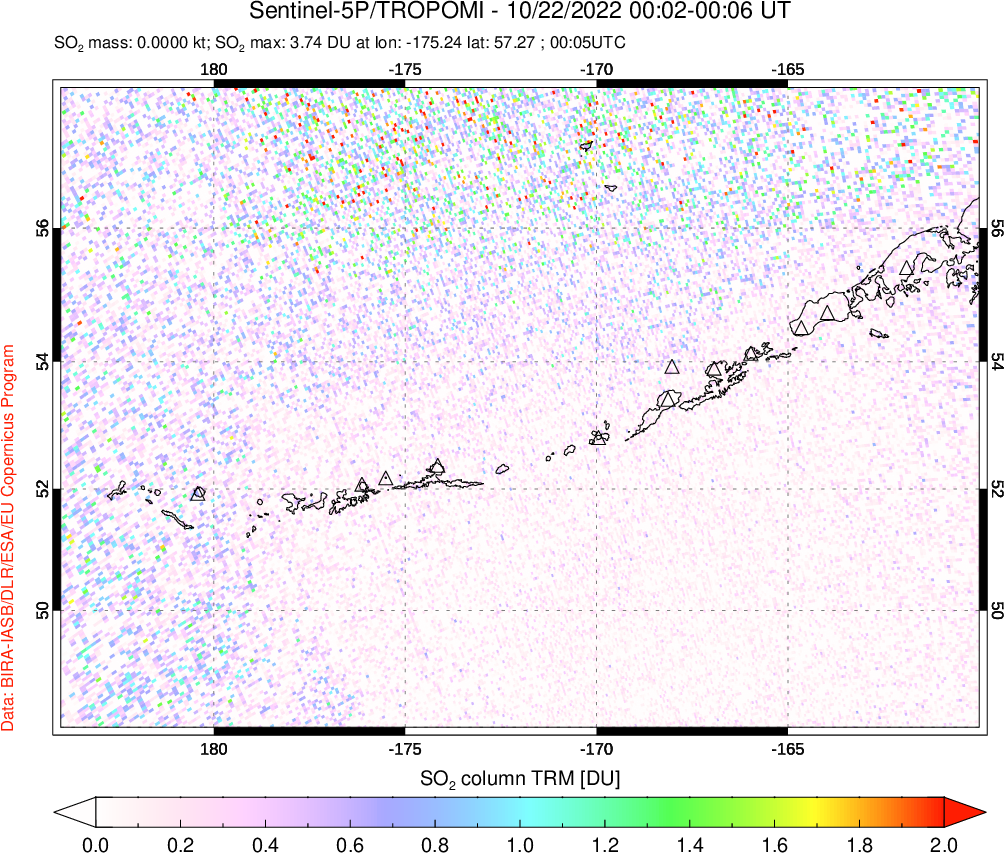 A sulfur dioxide image over Aleutian Islands, Alaska, USA on Oct 22, 2022.