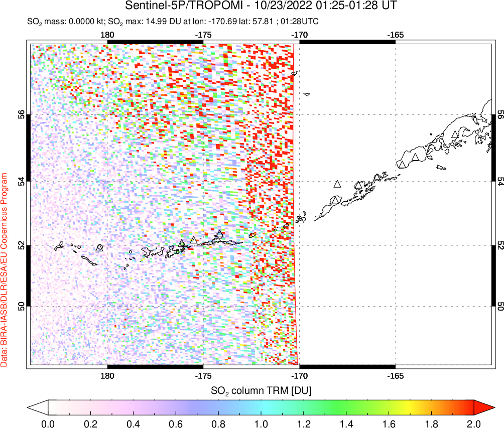 A sulfur dioxide image over Aleutian Islands, Alaska, USA on Oct 23, 2022.