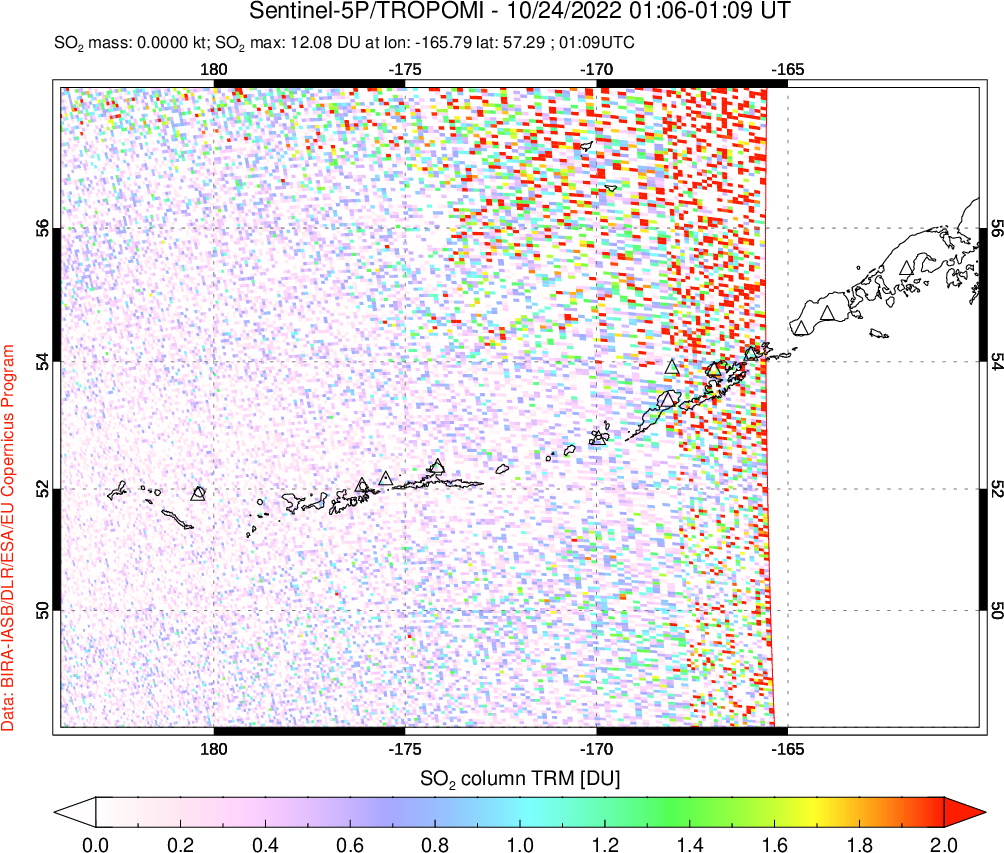 A sulfur dioxide image over Aleutian Islands, Alaska, USA on Oct 24, 2022.