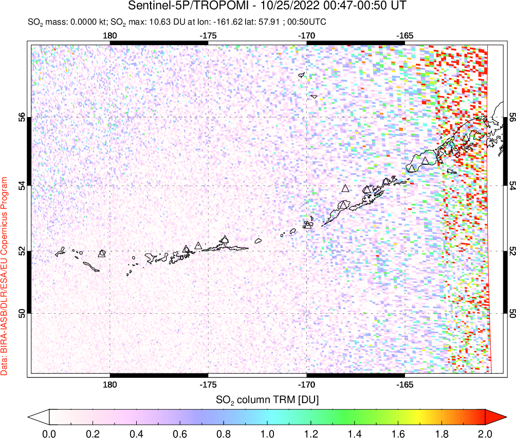 A sulfur dioxide image over Aleutian Islands, Alaska, USA on Oct 25, 2022.