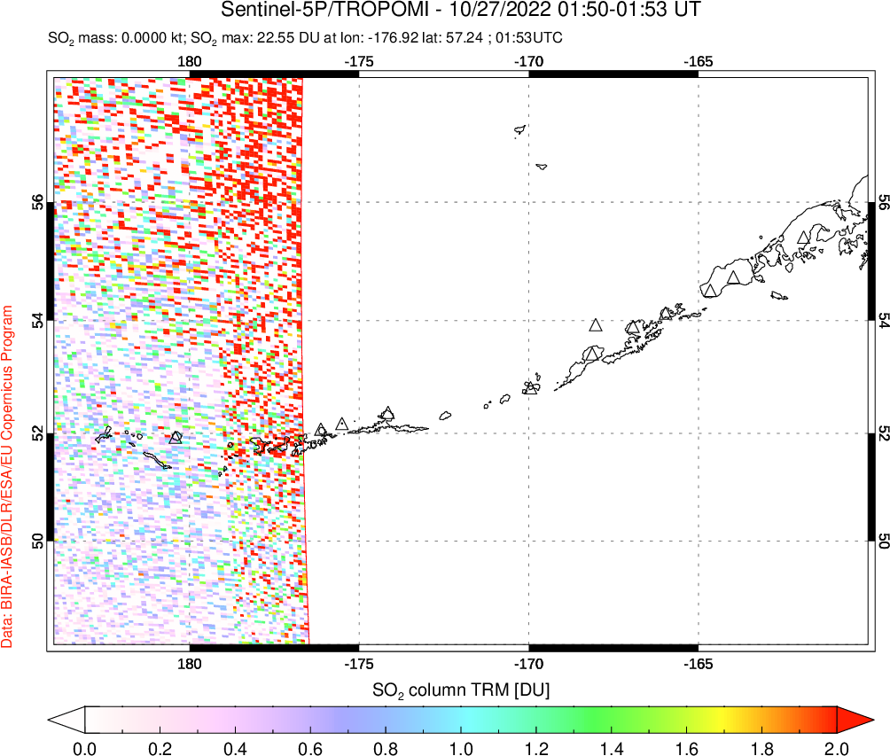 A sulfur dioxide image over Aleutian Islands, Alaska, USA on Oct 27, 2022.