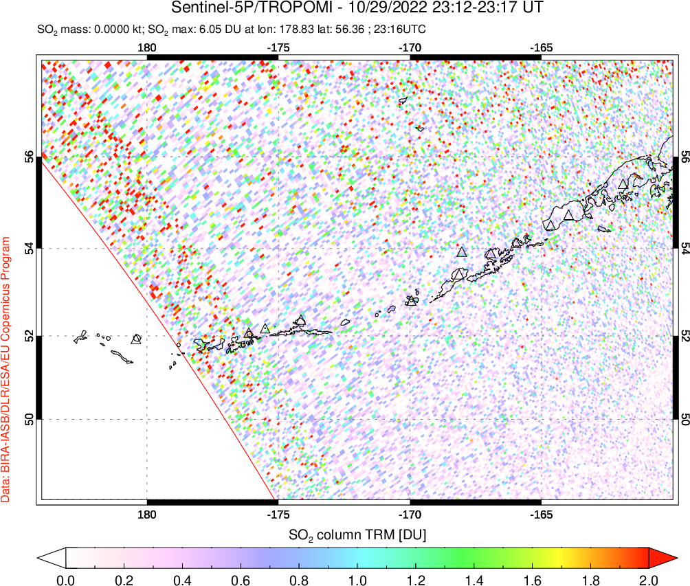 A sulfur dioxide image over Aleutian Islands, Alaska, USA on Oct 29, 2022.