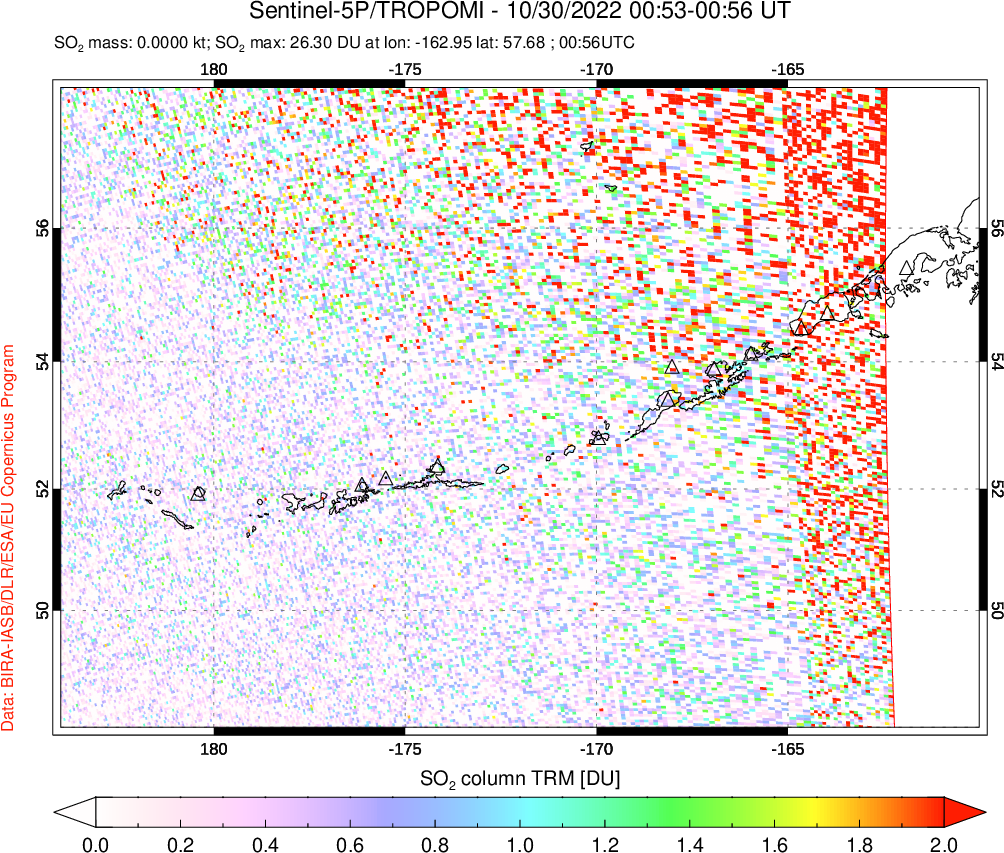 A sulfur dioxide image over Aleutian Islands, Alaska, USA on Oct 30, 2022.