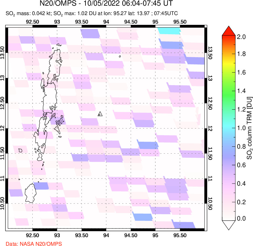 A sulfur dioxide image over Andaman Islands, Indian Ocean on Oct 05, 2022.