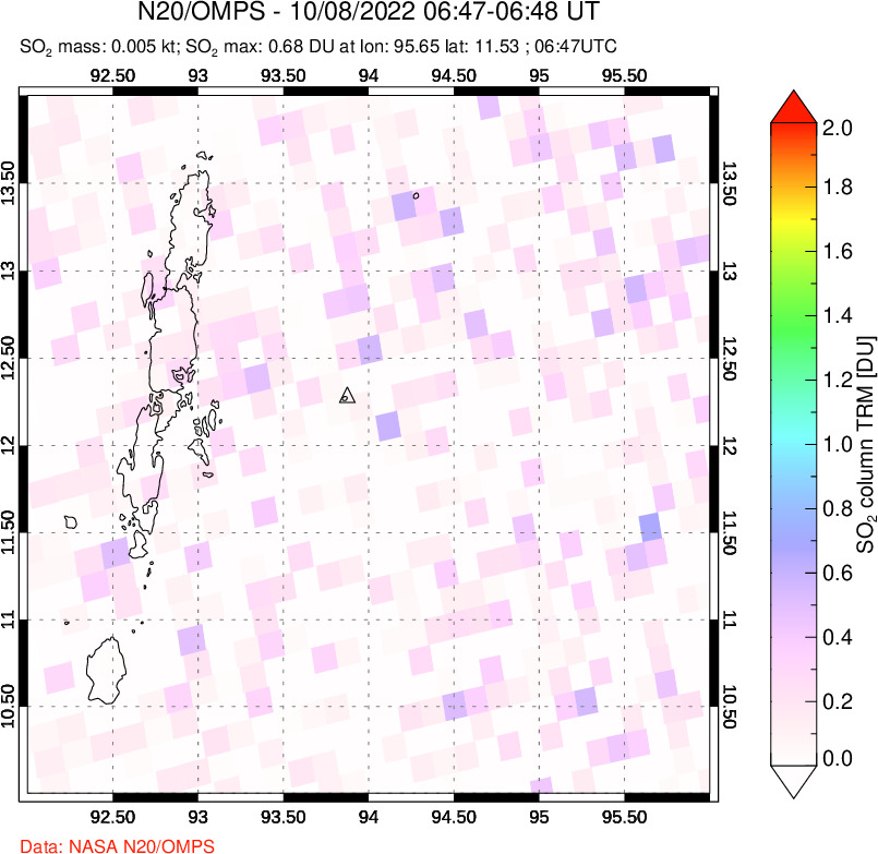 A sulfur dioxide image over Andaman Islands, Indian Ocean on Oct 08, 2022.