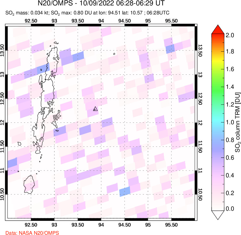 A sulfur dioxide image over Andaman Islands, Indian Ocean on Oct 09, 2022.