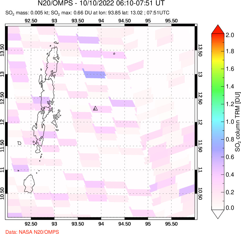 A sulfur dioxide image over Andaman Islands, Indian Ocean on Oct 10, 2022.