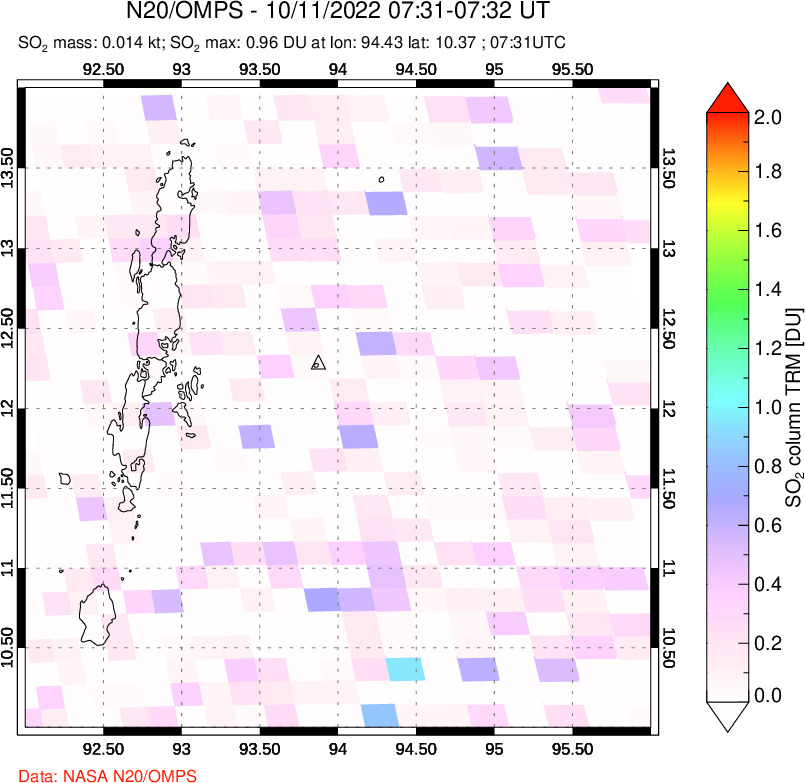 A sulfur dioxide image over Andaman Islands, Indian Ocean on Oct 11, 2022.