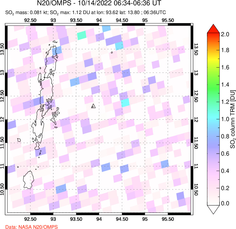 A sulfur dioxide image over Andaman Islands, Indian Ocean on Oct 14, 2022.