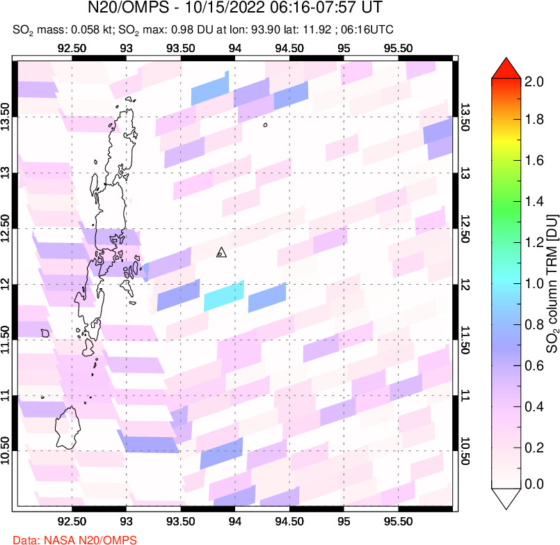 A sulfur dioxide image over Andaman Islands, Indian Ocean on Oct 15, 2022.