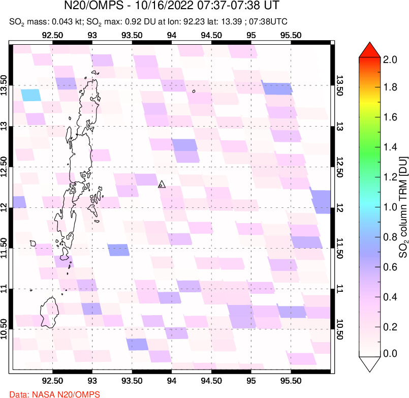 A sulfur dioxide image over Andaman Islands, Indian Ocean on Oct 16, 2022.