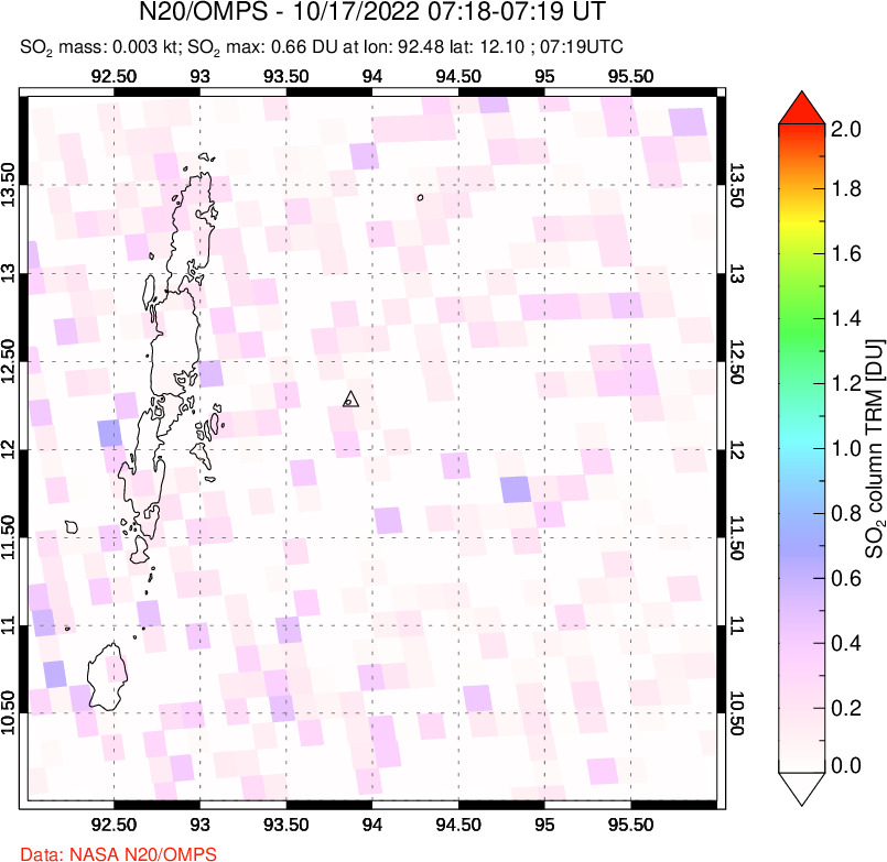 A sulfur dioxide image over Andaman Islands, Indian Ocean on Oct 17, 2022.