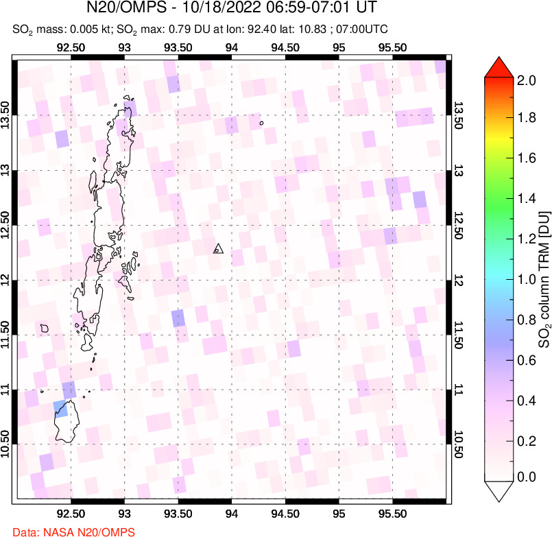 A sulfur dioxide image over Andaman Islands, Indian Ocean on Oct 18, 2022.