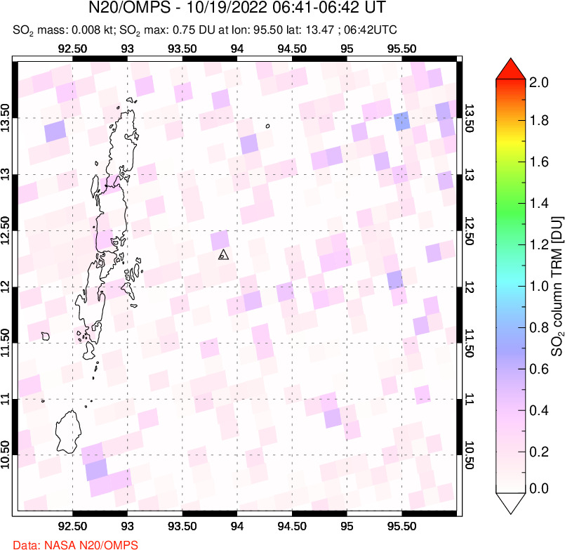 A sulfur dioxide image over Andaman Islands, Indian Ocean on Oct 19, 2022.