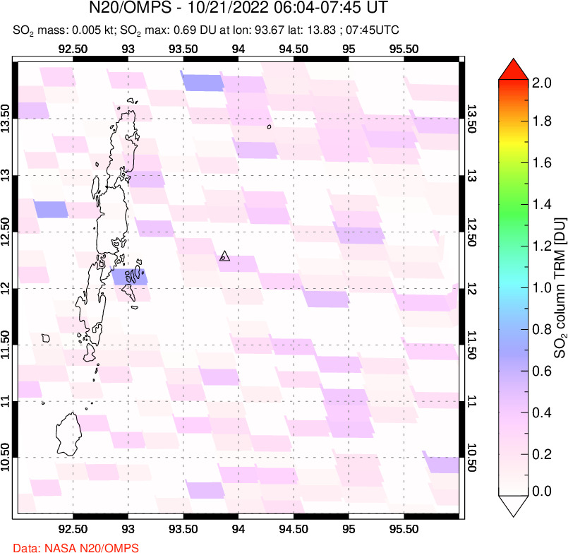 A sulfur dioxide image over Andaman Islands, Indian Ocean on Oct 21, 2022.