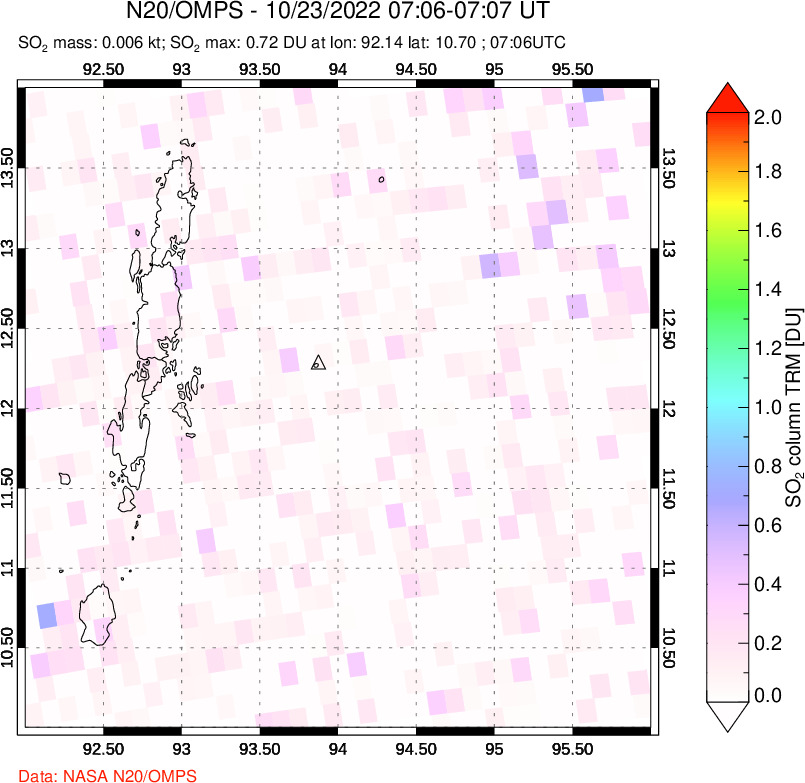 A sulfur dioxide image over Andaman Islands, Indian Ocean on Oct 23, 2022.