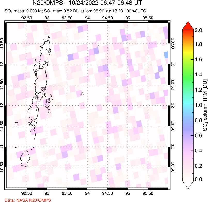 A sulfur dioxide image over Andaman Islands, Indian Ocean on Oct 24, 2022.