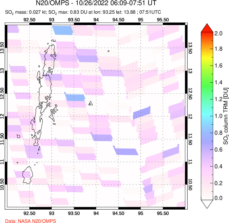 A sulfur dioxide image over Andaman Islands, Indian Ocean on Oct 26, 2022.