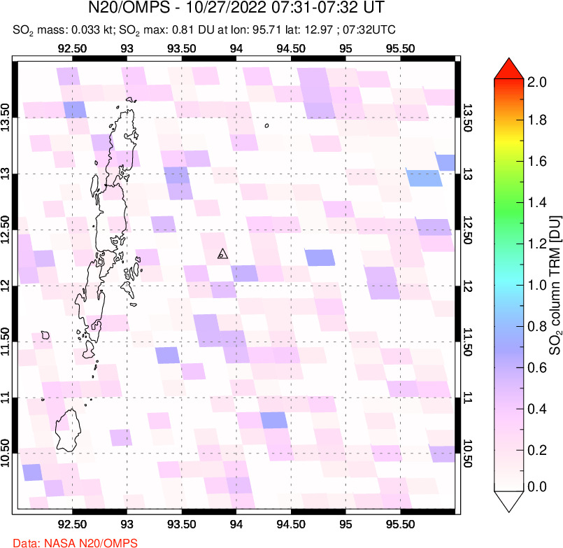 A sulfur dioxide image over Andaman Islands, Indian Ocean on Oct 27, 2022.