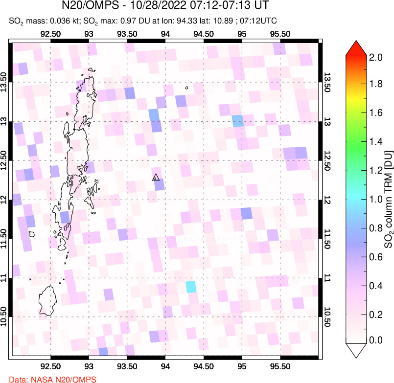 A sulfur dioxide image over Andaman Islands, Indian Ocean on Oct 28, 2022.