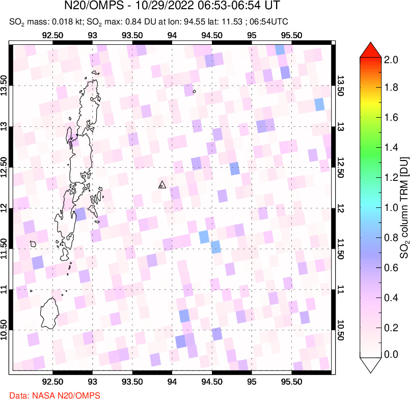 A sulfur dioxide image over Andaman Islands, Indian Ocean on Oct 29, 2022.