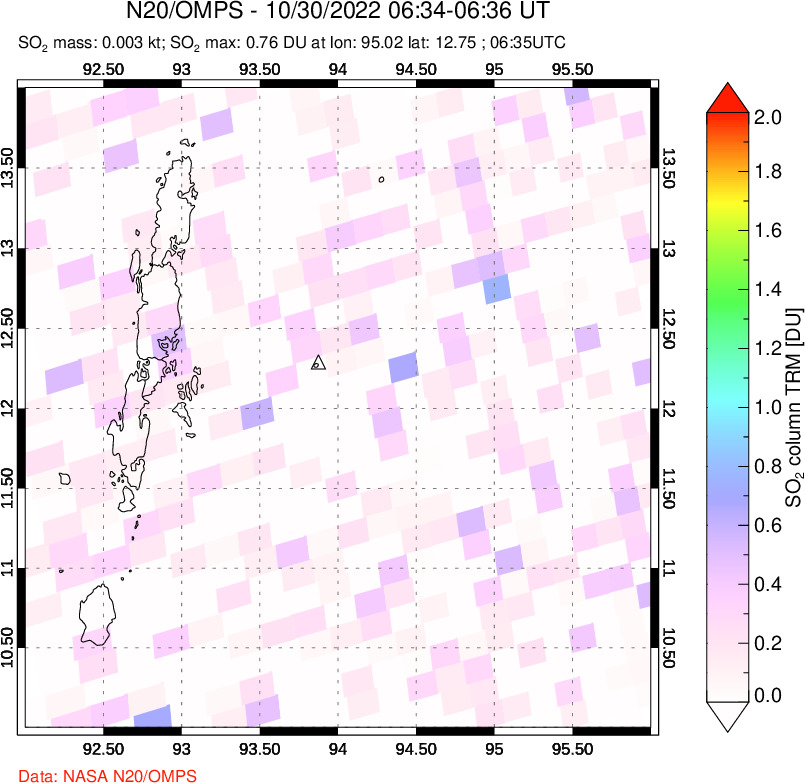 A sulfur dioxide image over Andaman Islands, Indian Ocean on Oct 30, 2022.