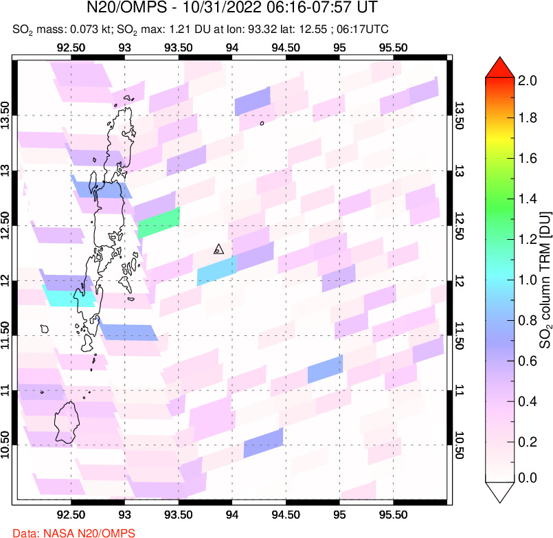 A sulfur dioxide image over Andaman Islands, Indian Ocean on Oct 31, 2022.