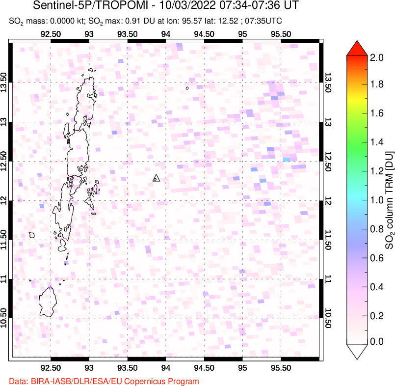 A sulfur dioxide image over Andaman Islands, Indian Ocean on Oct 03, 2022.