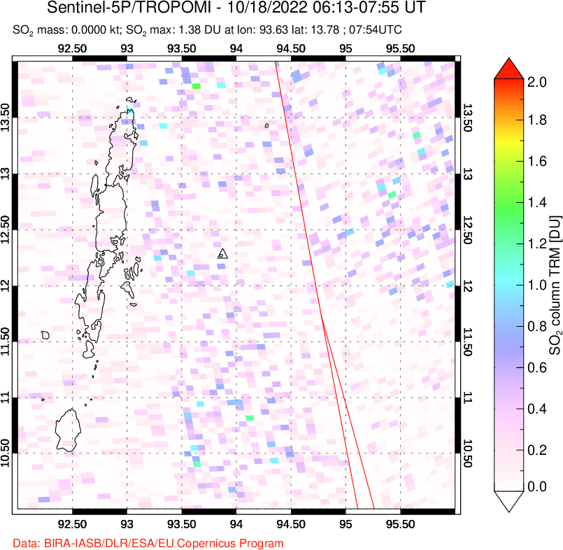 A sulfur dioxide image over Andaman Islands, Indian Ocean on Oct 18, 2022.