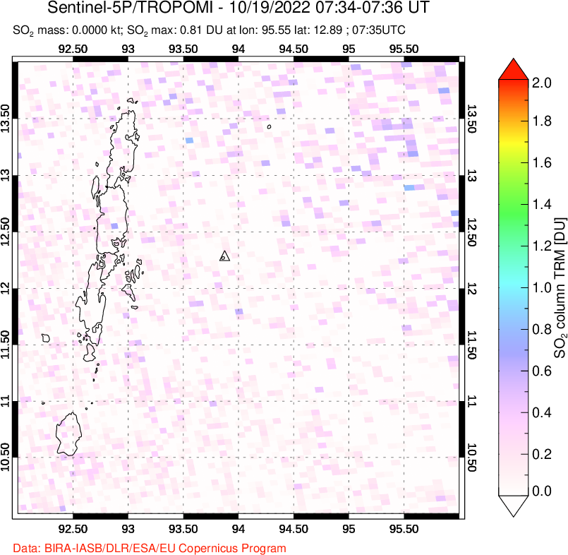 A sulfur dioxide image over Andaman Islands, Indian Ocean on Oct 19, 2022.