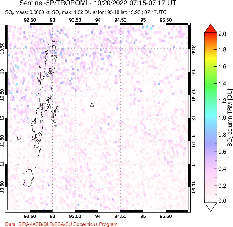 A sulfur dioxide image over Andaman Islands, Indian Ocean on Oct 20, 2022.