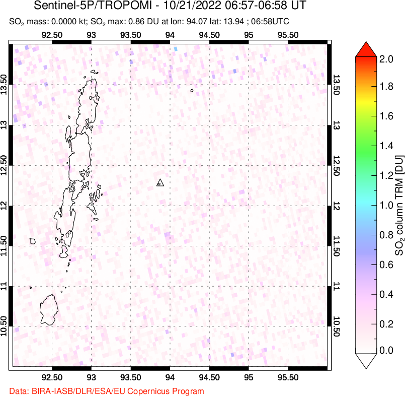 A sulfur dioxide image over Andaman Islands, Indian Ocean on Oct 21, 2022.