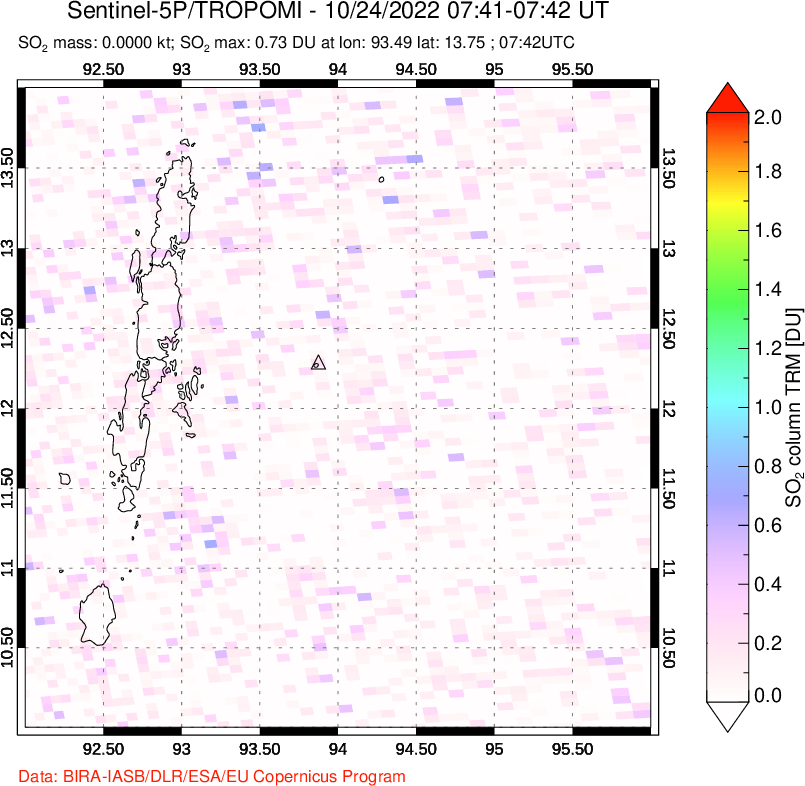 A sulfur dioxide image over Andaman Islands, Indian Ocean on Oct 24, 2022.