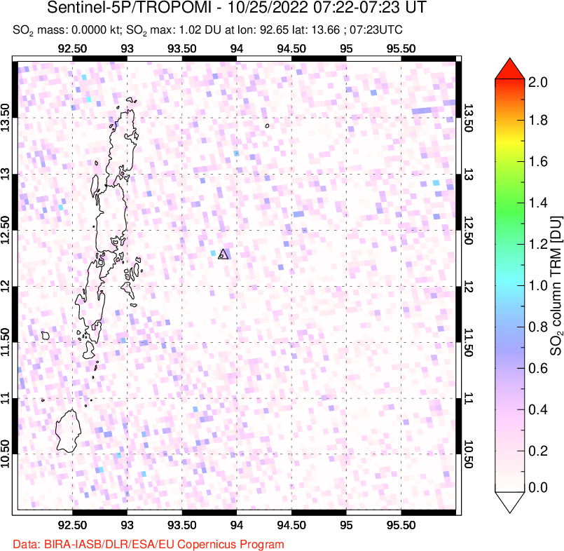 A sulfur dioxide image over Andaman Islands, Indian Ocean on Oct 25, 2022.