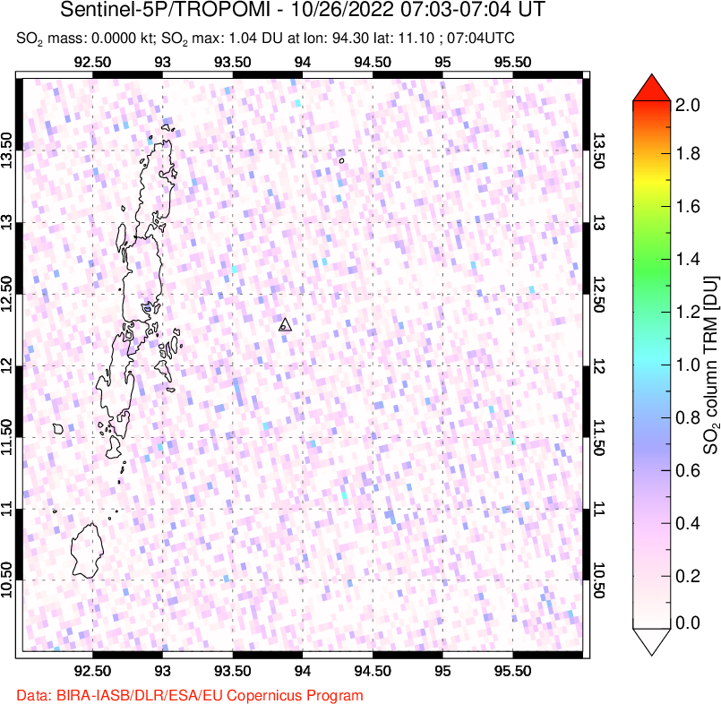 A sulfur dioxide image over Andaman Islands, Indian Ocean on Oct 26, 2022.