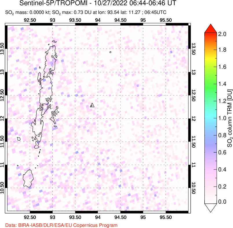 A sulfur dioxide image over Andaman Islands, Indian Ocean on Oct 27, 2022.